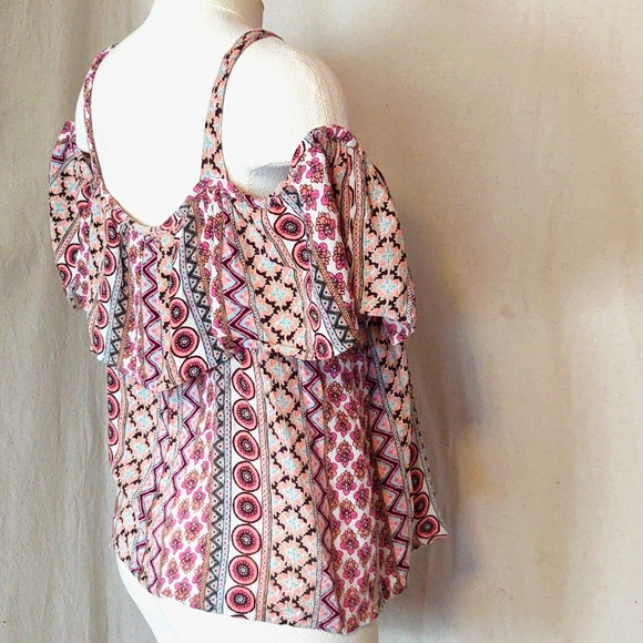 Midnight Sky Cold Shoulder Peasant Top, Colorful Geometric Floral women’s Large - Picture 8 of 10